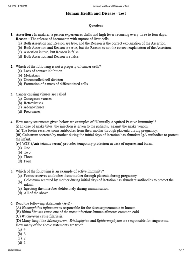 Human Health and Disease Test Questions | PDF | Lymphocyte | Immune System