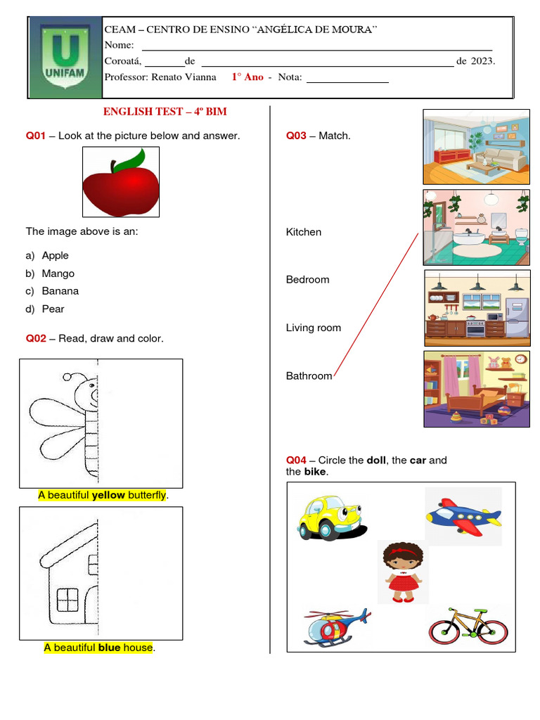 Avaliação de Inglês 1º Ano - 4º Bim - 2023 | PDF