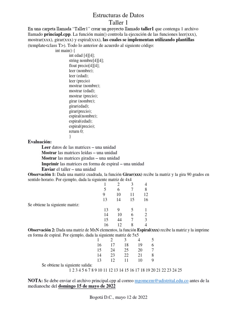 Taller de Estructuras de Datos en C++ | PDF | Matriz (Matemáticas ...