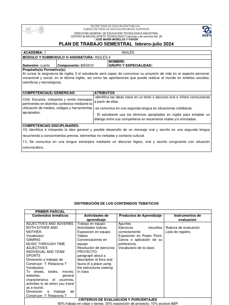 Plan Semestral Inglés 4 - CBITS No. 29 | PDF | Evaluación | Segundo ...