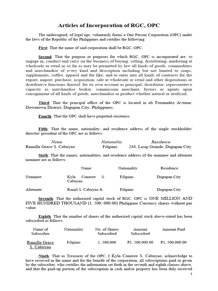 Articles of Incorporation OPC 2 PDF Stocks Subscription Business