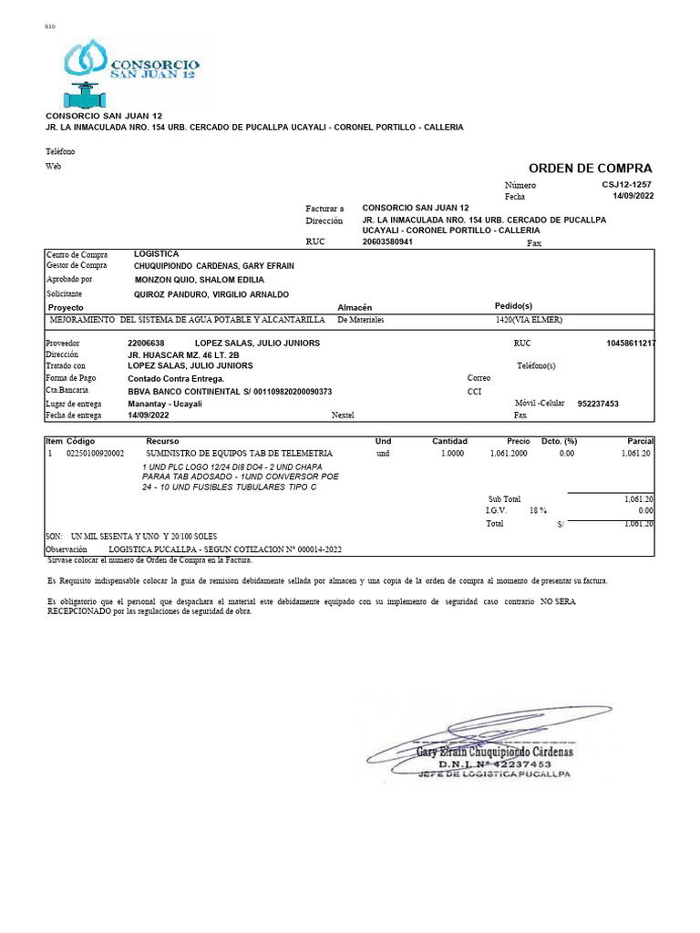 Orden de Compra CSJ12-1257 - Logística Pucallpa | PDF | Industrias de ...