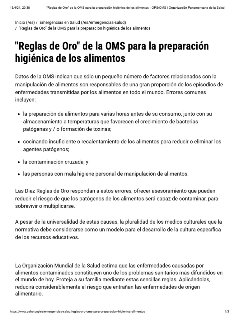 Diez Reglas de Oro para Alimentos OMS | PDF | Alimentos | Enfermedades ...