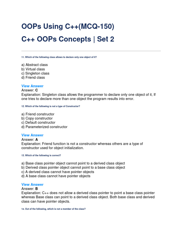 C++ MCQ (Part3) PDF Class Programming) C++