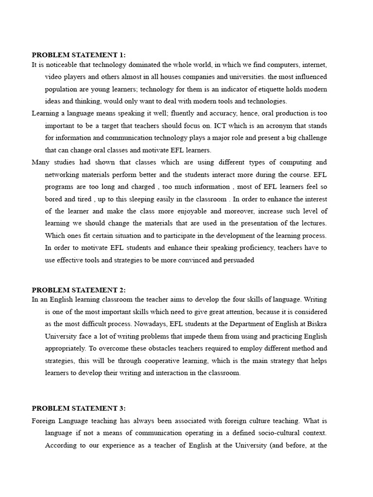 Problem Statement Analysis | PDF | English As A Second Or Foreign ...
