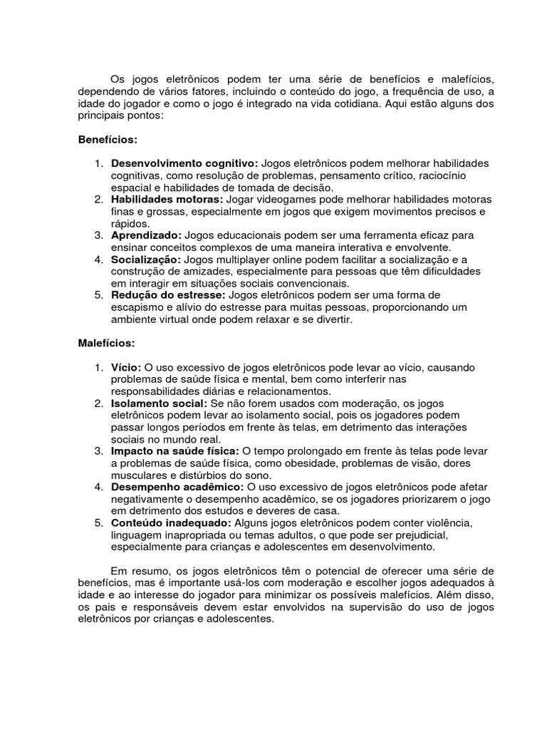 Benefícios e Malefícios dos Jogos Eletrônicos | PDF | Videogames ...
