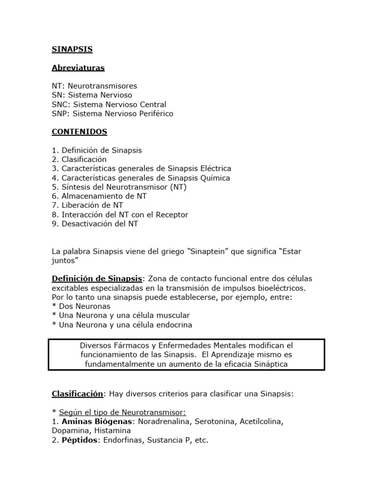 Tipos y Funciones de la Sinapsis | PDF | Sinapsis | Sinapsis química