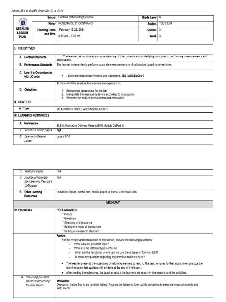 Grade 8 TLE Lesson Plan: Measuring Tools | PDF | Electrical Resistance ...