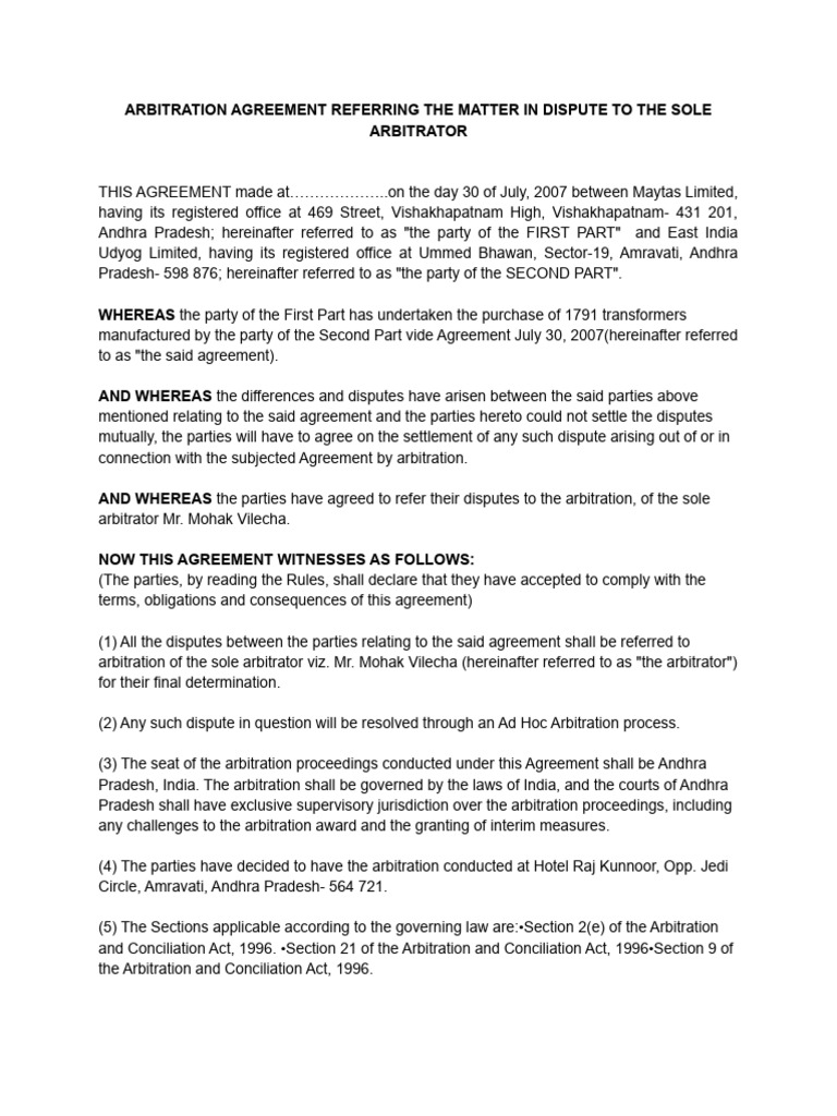 Arbitration Agreement for Dispute Resolution | PDF | Arbitral Tribunal ...