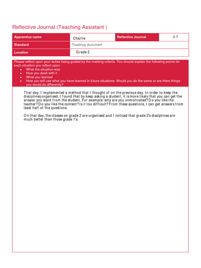 Reflective Journal (Teaching Assistant) | PDF | Career & Growth | Self ...