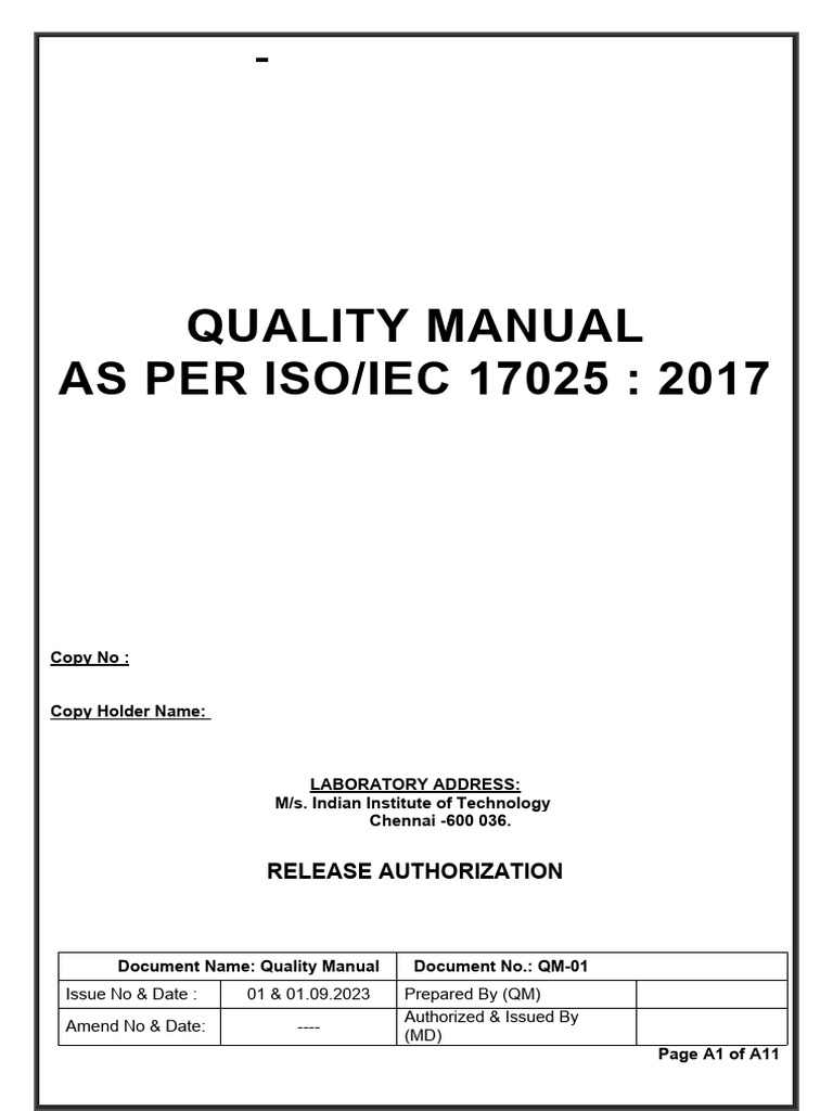 Quality Manual AS PER ISO/IEC 17025: 2017: Release Authorization | PDF ...