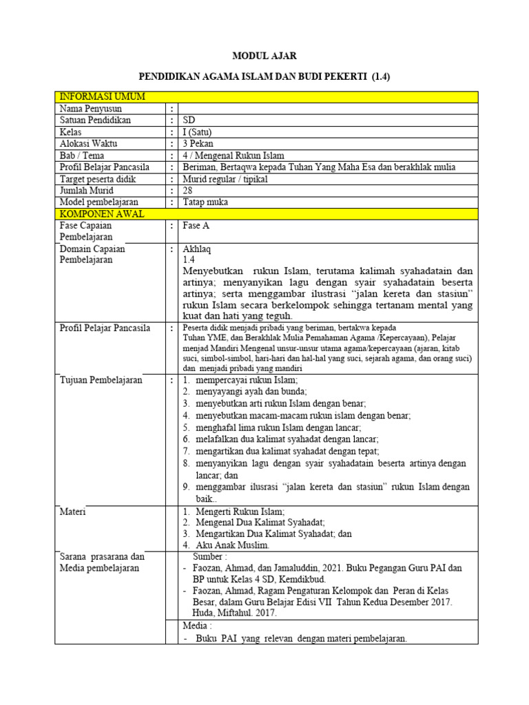 Modul Rukun Islam Kelas 1 SD | PDF