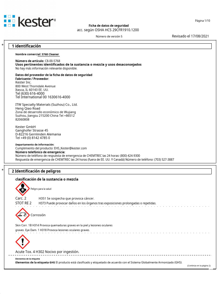 Ficha de Seguridad del 5768 Cleaner | PDF | Administración de Seguridad ...