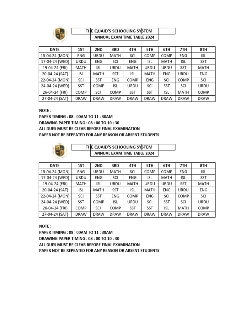 Time table 2024 class 1 to 8 pdf