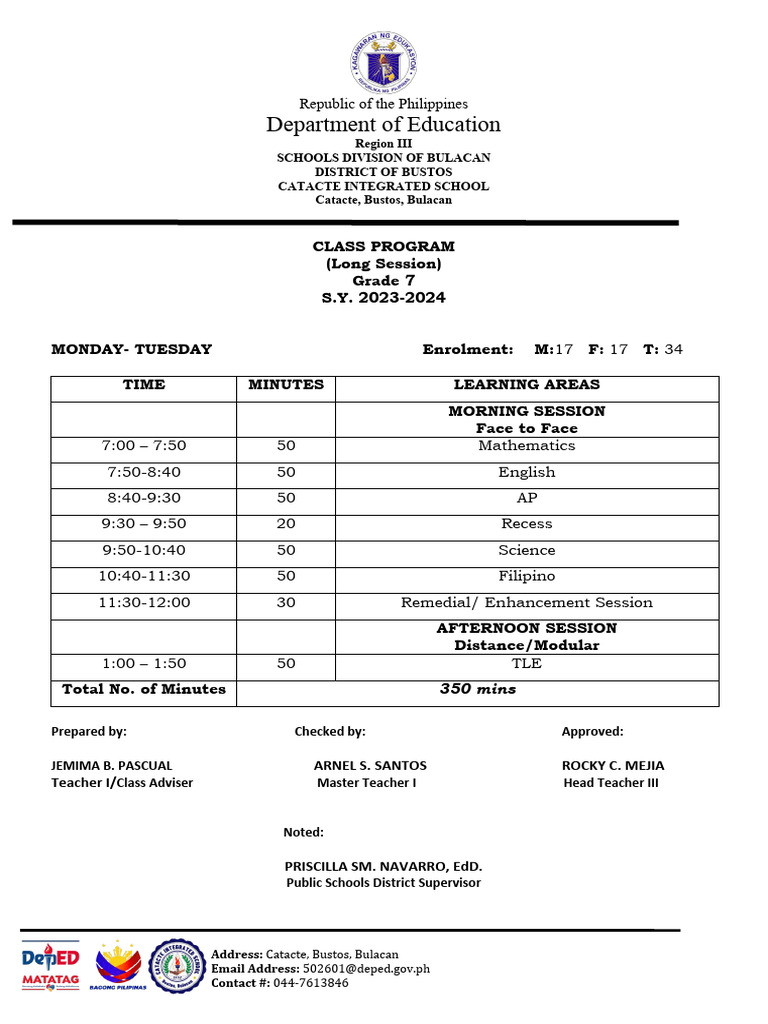 Grade 7 Long Session Class Program | PDF