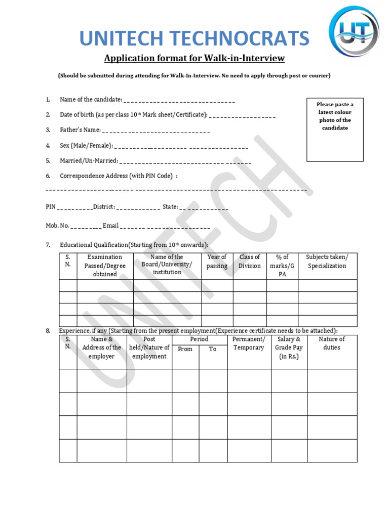 Walk-in Interview Application Format | PDF | Career & Growth