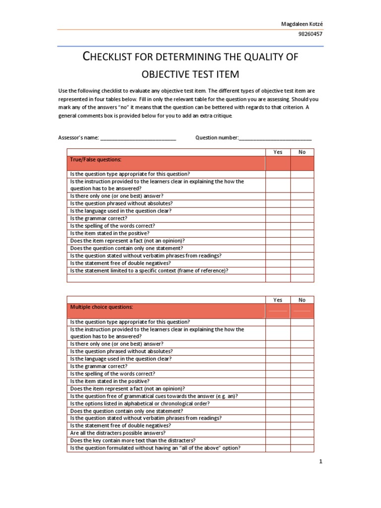 Objective Test Item Quality Checklist | PDF | Question | Cognition