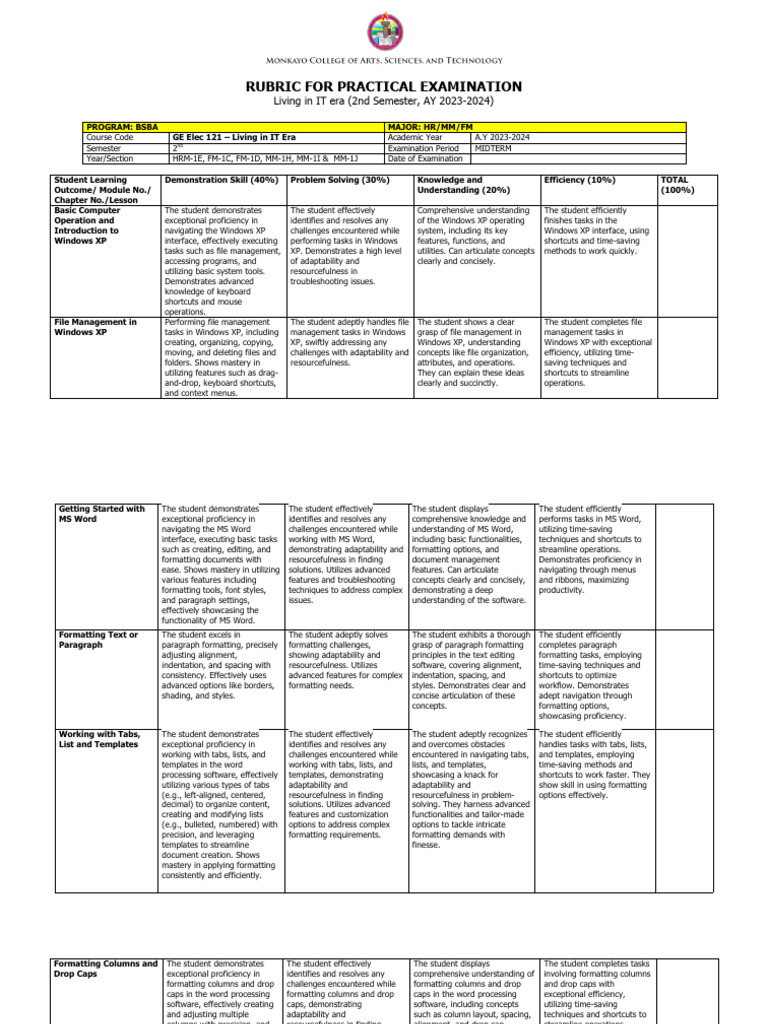RUBRIC-PRACTICAL-EXAMINATION | PDF | Microsoft Word | Paragraph