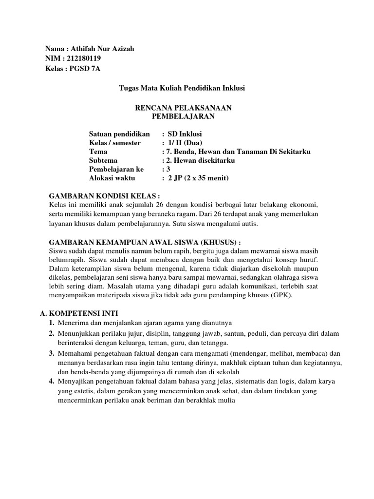 RPP Inklusif untuk Kelas 1 SD | PDF