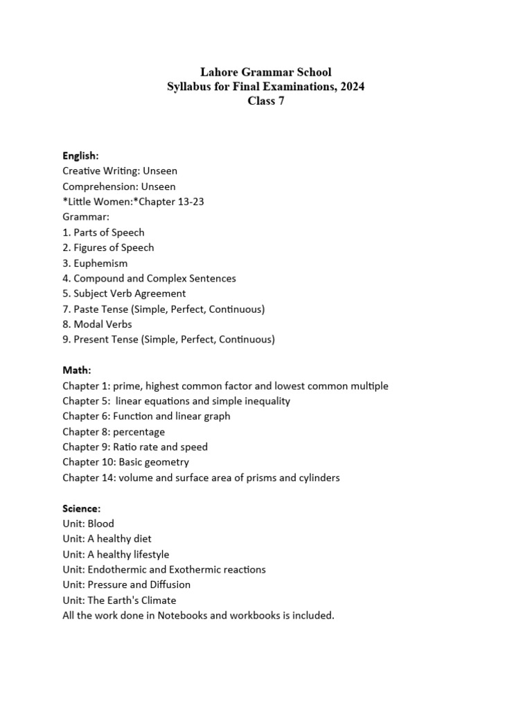 Grade 7 Test Topics (Final Exams 2024) | PDF