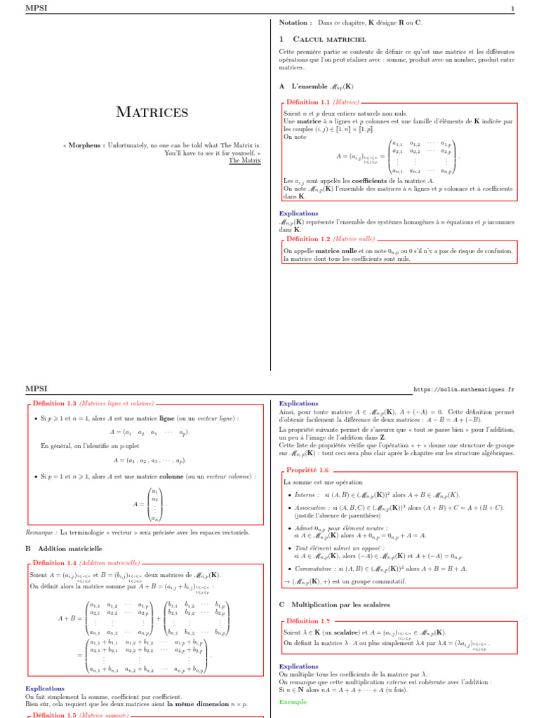 Addition et multiplication de matrices | PDF | Matrice (Mathématiques ...