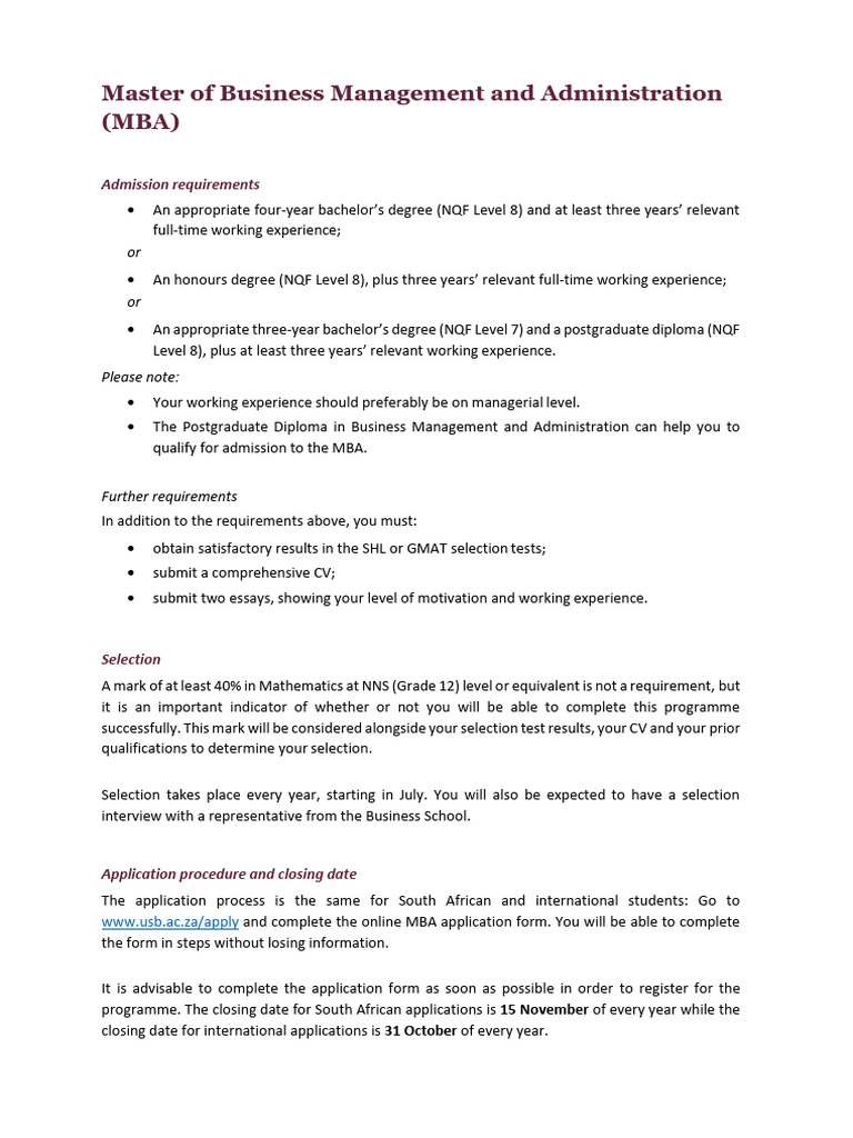 MBA Admission Requirements at Stellenbosch | PDF | Academic Degree ...