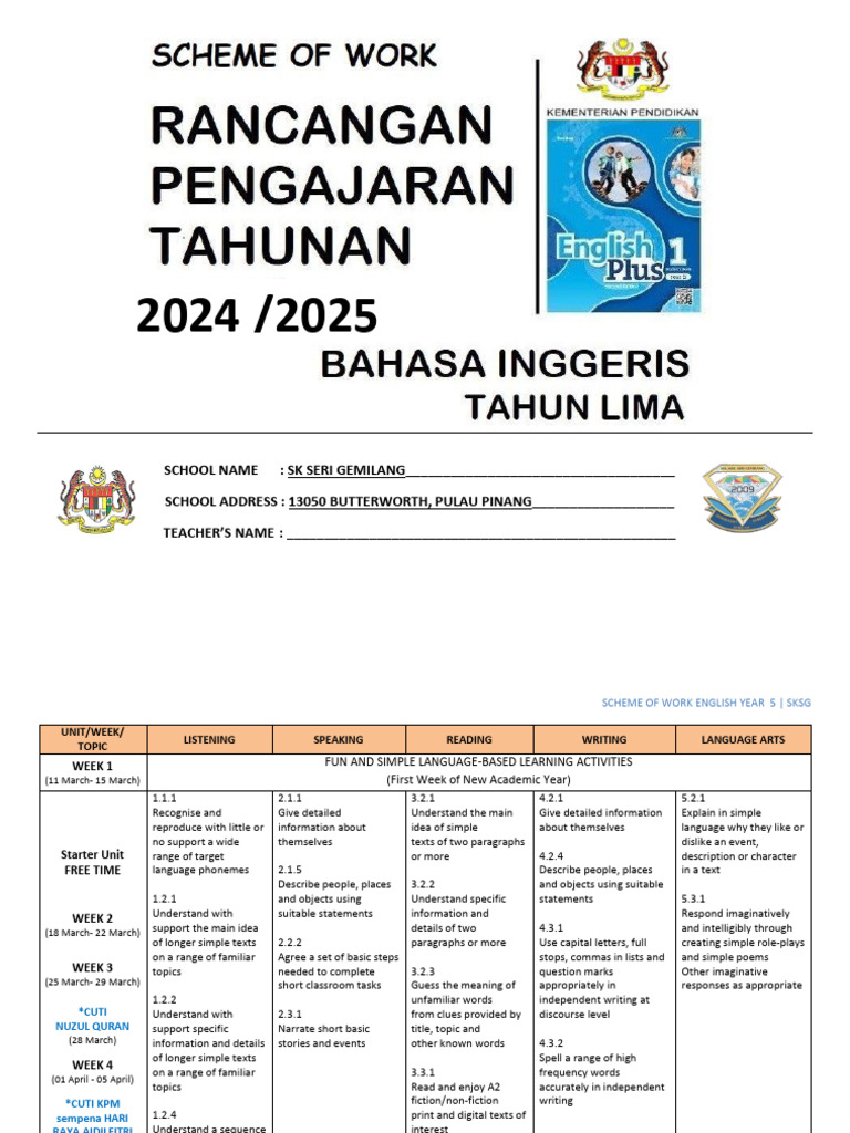 Year 5 English Scheme of Work 2024-2025 | PDF | English Language ...