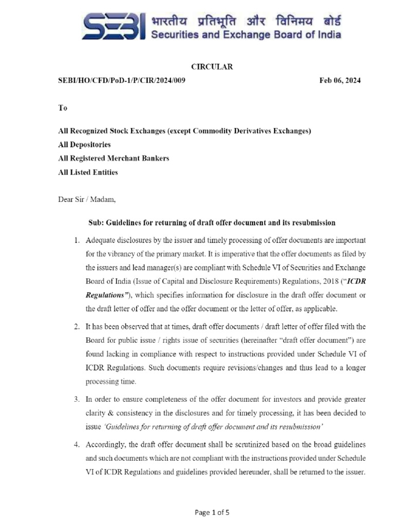 SEBI - Guidelines For Returning of Draft Offer Document and Its ...