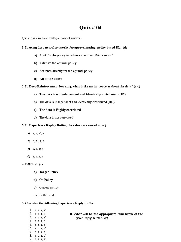 Deep Reinforcement Learning Quiz 04 | PDF
