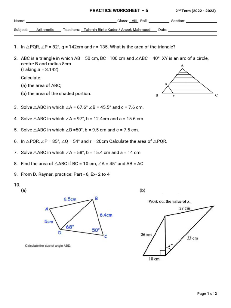Triangle Area and Solutions Worksheet | PDF