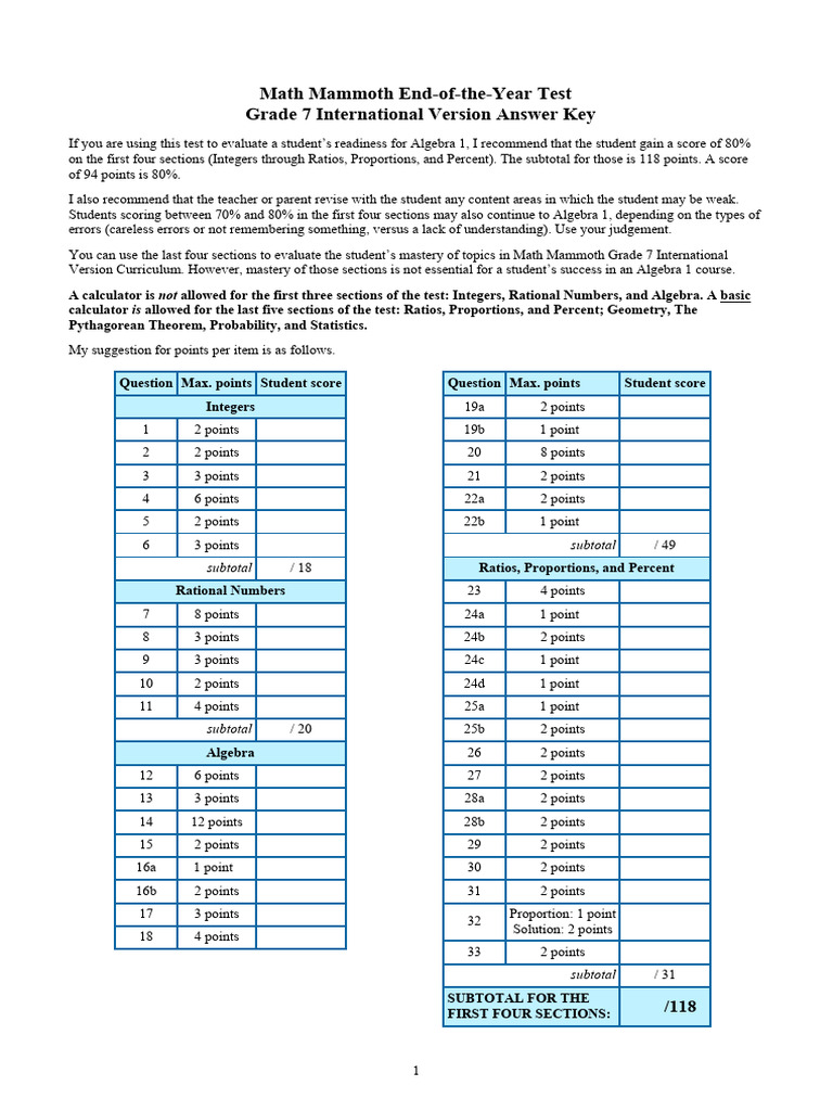 Grade 7 Math Test Answer Key | PDF | Mathematics | Ratio