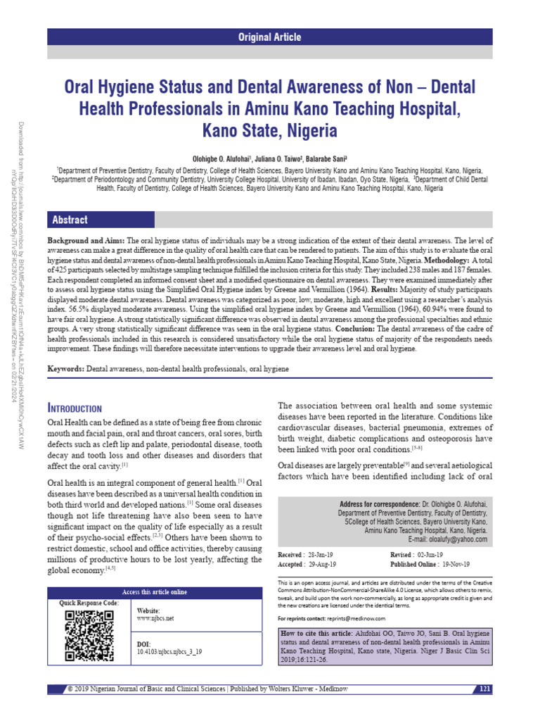 Oral Hygiene and Awareness in Kano Health Workers | PDF | Health ...