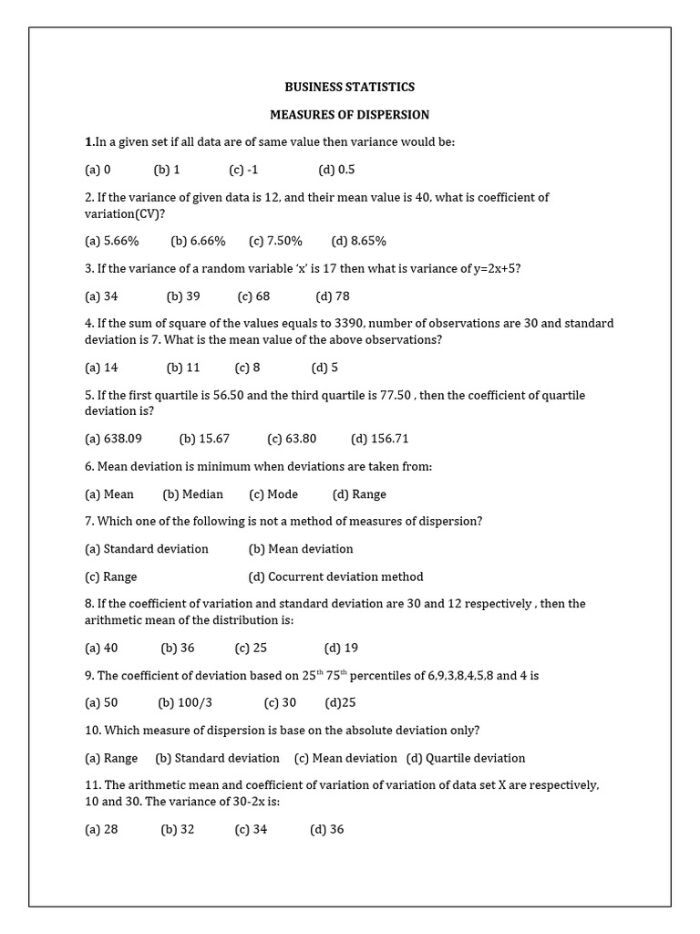 Variance Calculation in Business Statistics | PDF | Mean | Coefficient ...