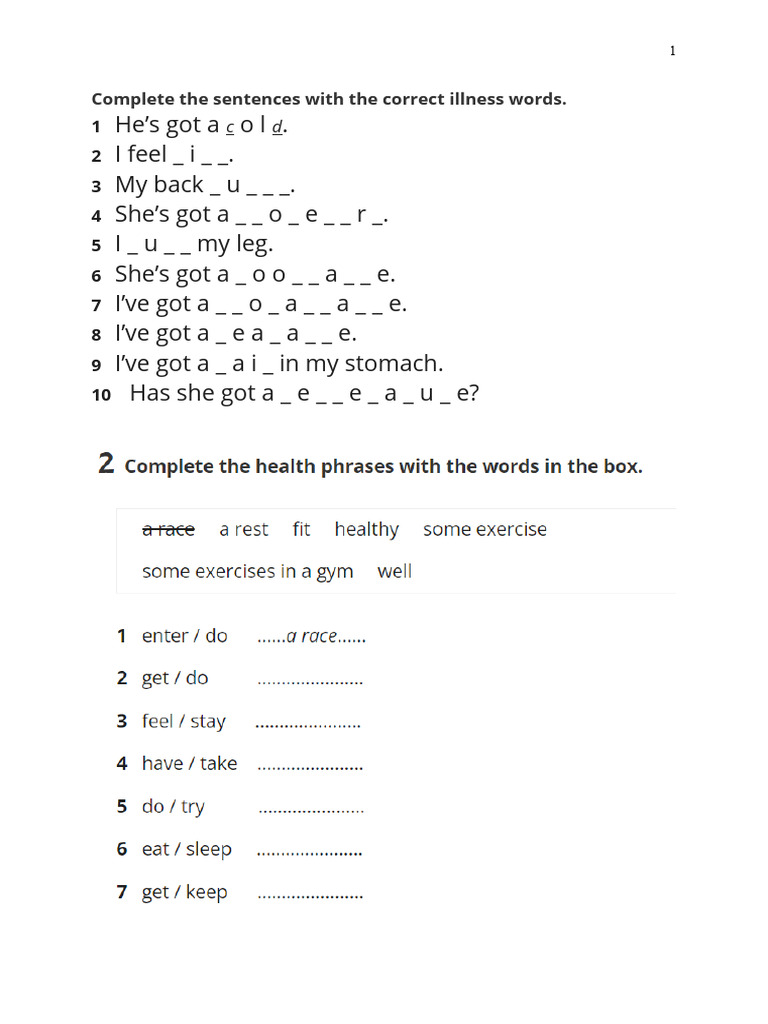 Illness Vocabulary and Sentence Practice | PDF