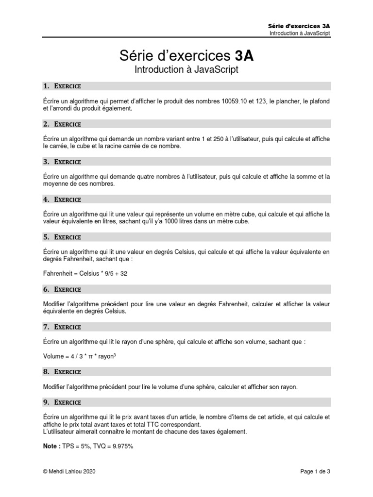 Exercices d'Algorithmes en JavaScript | PDF
