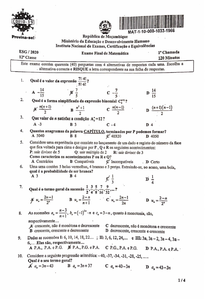 Matematica - 12a Classe - 2020-1a Epoca PDF | PDF