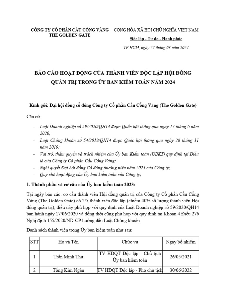 Báo Cáo Ho T Đ NG C A Thành Viên HĐQT - Ubkt | PDF
