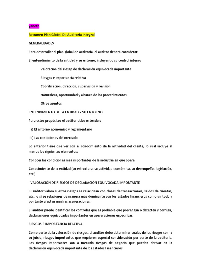 Resumen Plan Global de Auditoría Integral | PDF | Auditoría financiera ...
