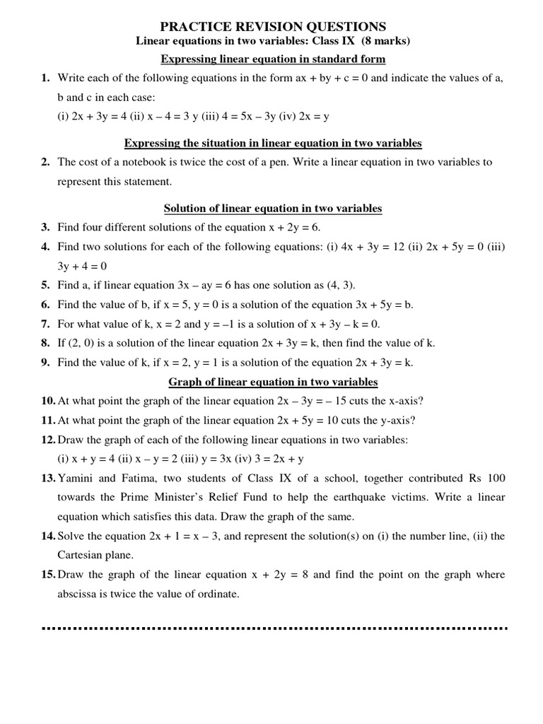 Class 9 Linear Equations Practice Questions | PDF | Science & Mathematics
