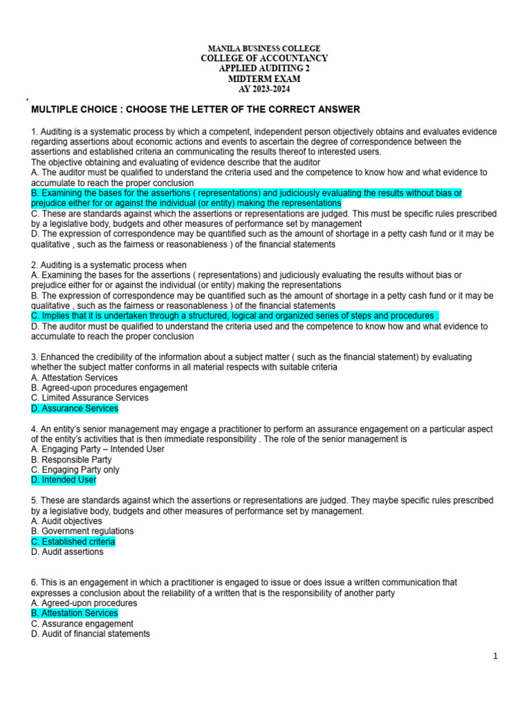Manila Business College Auditing Midterm Exam | PDF | Audit | Financial ...