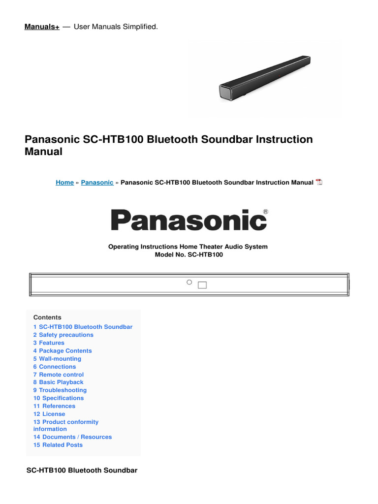 Panasonic SC-HTB100 Soundbar Manual | PDF | Screw | Ac Power Plugs