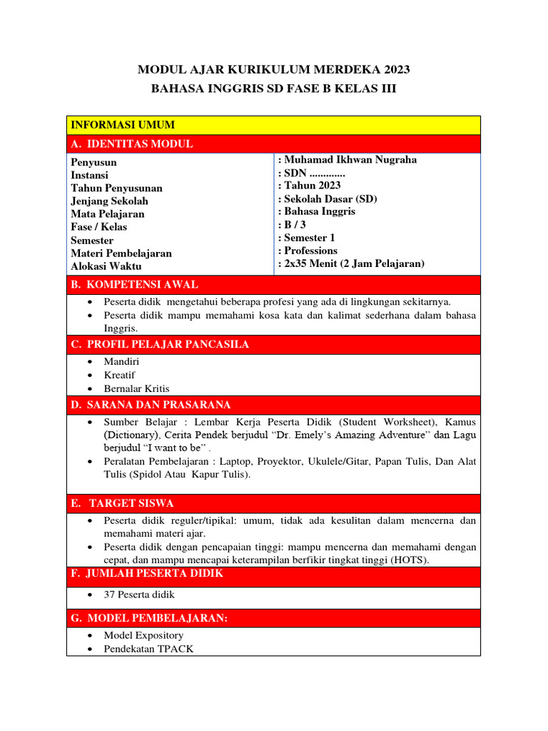 Modul Ajar Bahasa Inggris Kelas 3 SD | PDF | Seni & Disiplin Bahasa