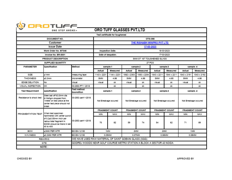 Toughened Glass Test Certificate | PDF | Building Engineering | Materials