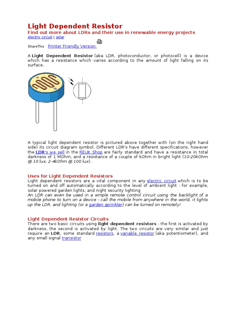 Light Dependent Resistor Circuit Resistor Electrical Resistance And