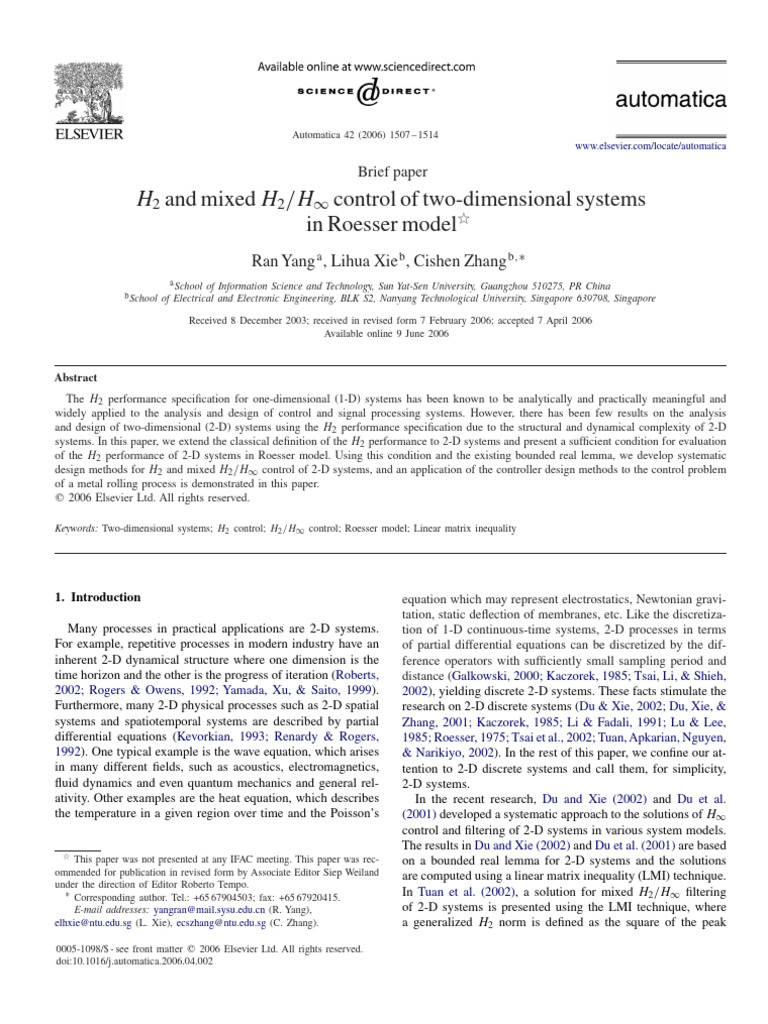 H2 and Mixed H2/H∞ Control for 2-D Systems | PDF | Mathematics ...