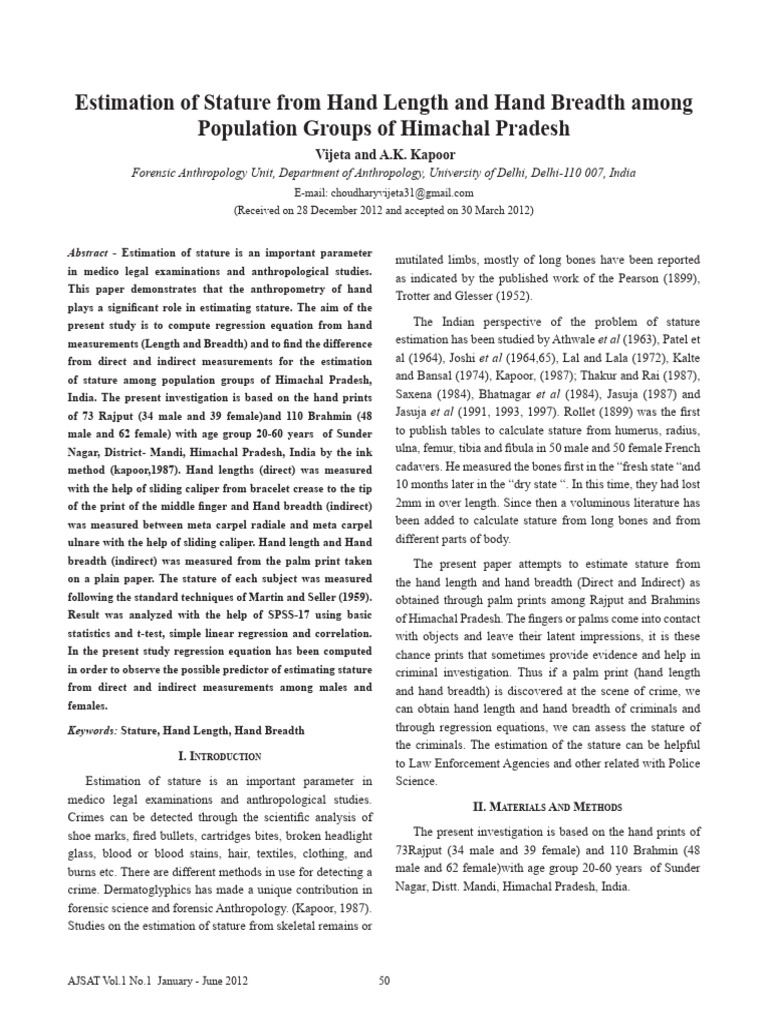 Stature estimation himachal pdf student s t test linear regression