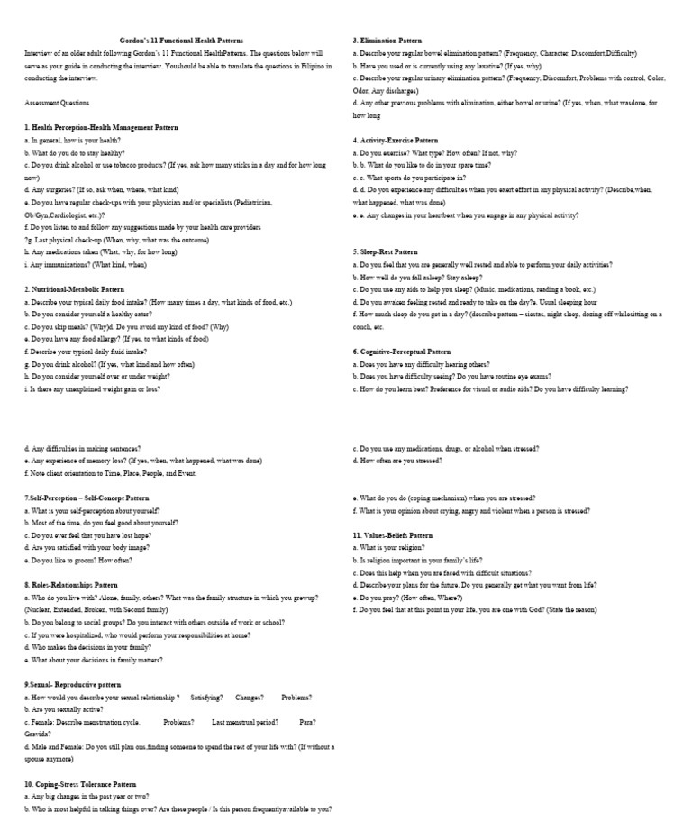 Gordons 11 functional health patterns pdf sleep physical examination