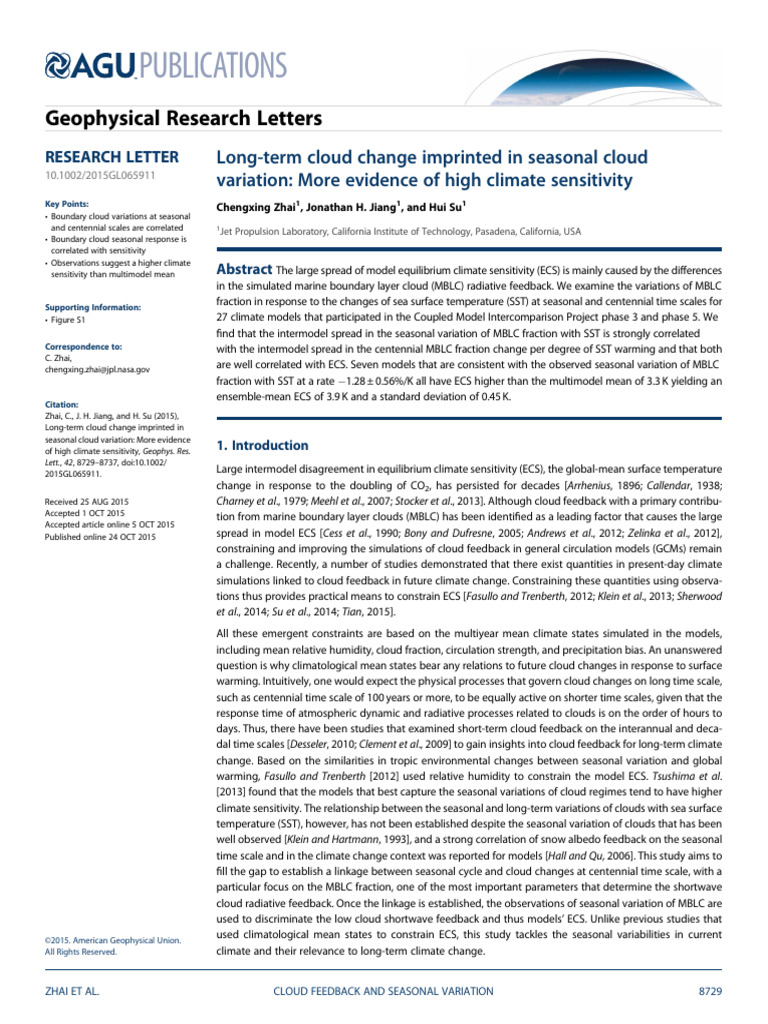 Geophysical Research Letters - 2015 - Zhai - Long Term Cloud Change ...