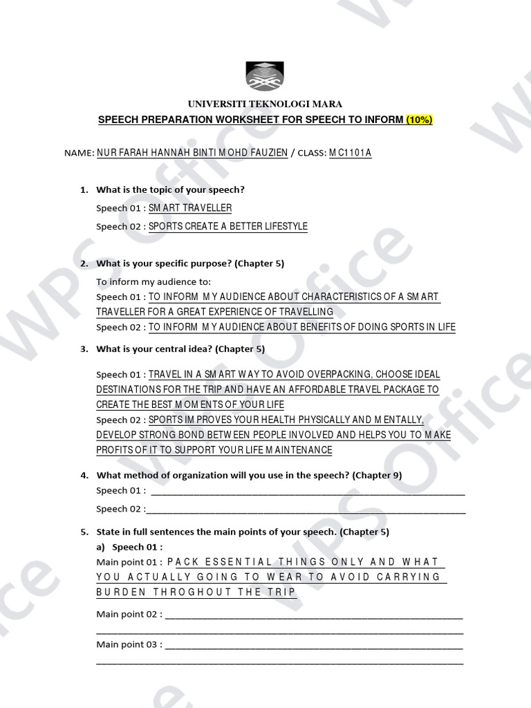 My Worksheet Speech To Inform | PDF