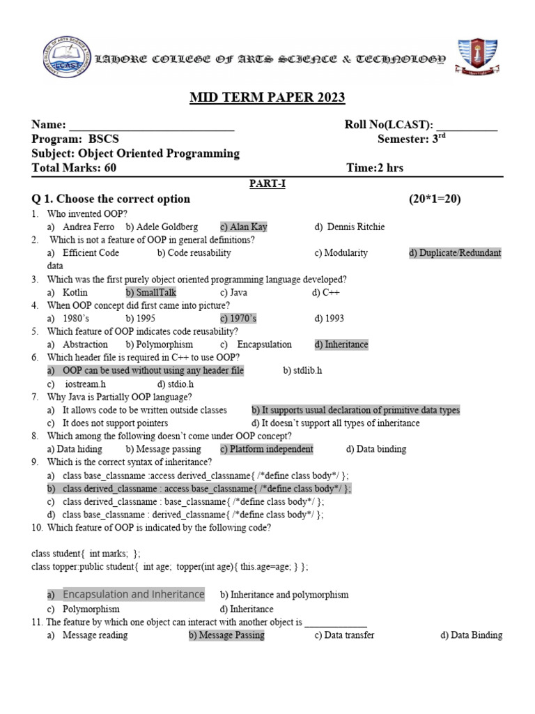 Mid Term Paper 2023: Part-I | PDF | Object Oriented Programming | Class ...